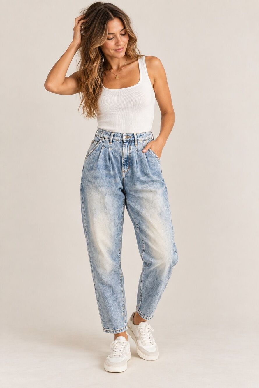 Free People We The Free Pleated High Rise Tapered Mom Jeans Light Wash 26